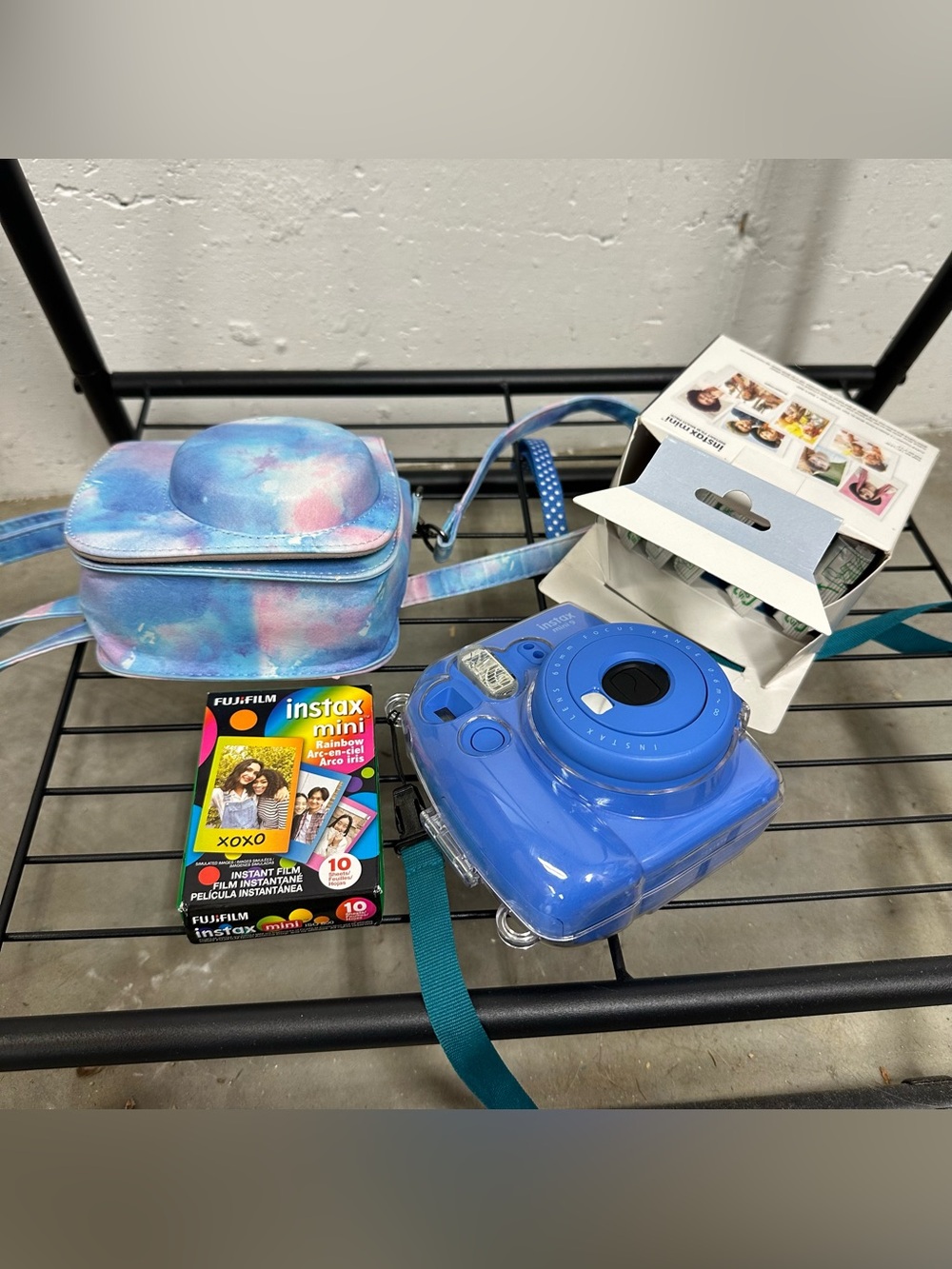 Fujifilm Instax Mini 9 Instant Camera in Blue with Rainbow Tie-Dye Case